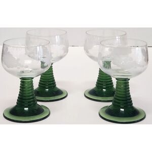VTG Bockling Beehive Germany (4) Wine Glasses Clear Etch Green Stems Grapes Vine